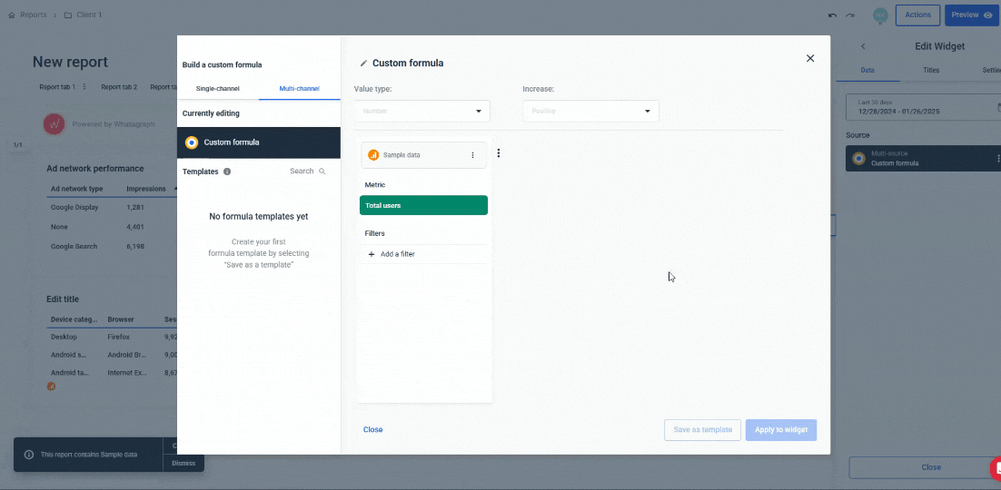 Blend Data Within Reports - A pop-up panel for building a custom formula with various settings.