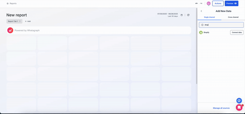 Build Reports With Whatagraph - The interface displays options to add data to a new report.
