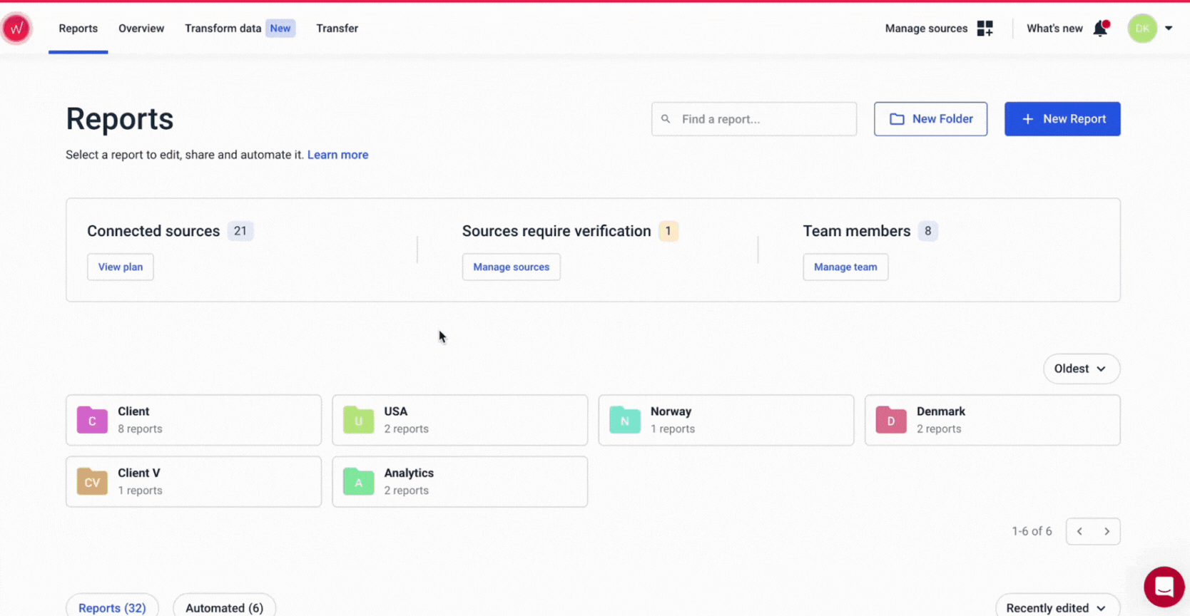 Here's the alt text for the image:

Client Folder Rename - Reports dashboard showing connected sources, verification needed, and team members.
