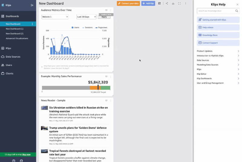 Klipsfolio Edit Klips - Klips dashboard with data visualization and help panel.