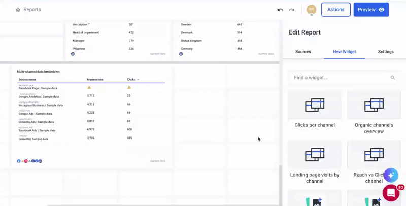 Whatagraph Adding Widget - Interface displaying report creation tools and widget options.