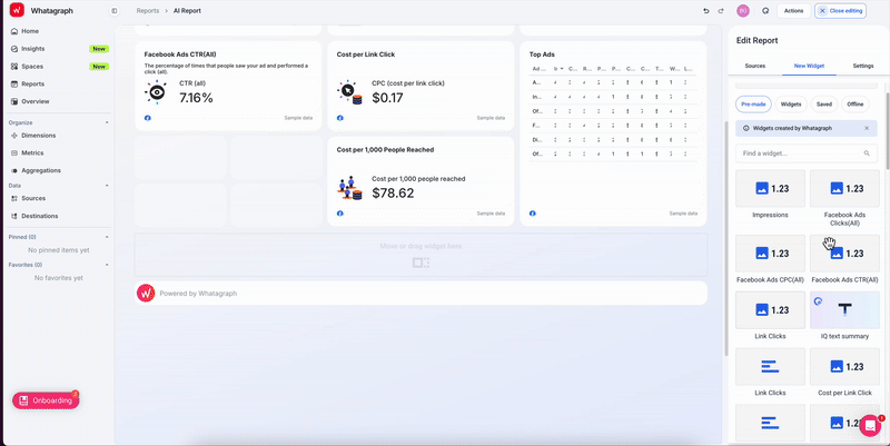Whatagraph Drag And Drop Widget - Interface displaying reports, widgets and settings in a dashboard layout.