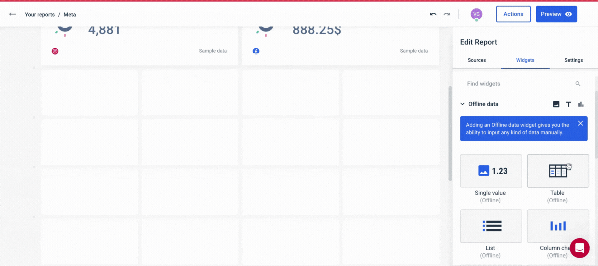 Whatagraph Editing Offline Data - Report editing interface, widgets selection, offline data options.