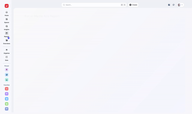 Whatagraph Features - A web dashboard with a sidebar menu and search bar at the top.