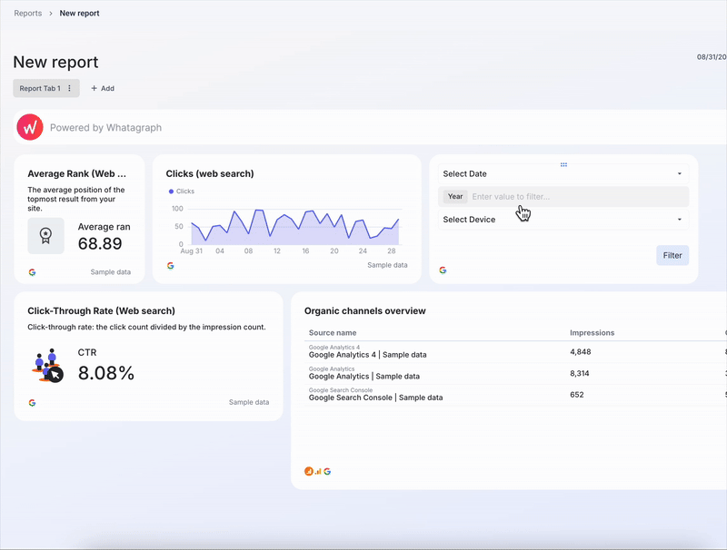 Whatagraph IQ Widget Filter - Analytics dashboard showing a dropdown menu for selecting date and device filters.