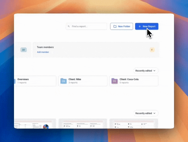 Whatagraph IQ with GA4 - A dashboard with the options 'New Folder' and '+ New Report'.