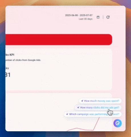 Whatagraph Meet IQ Chat - Analytics dashboard with KPI and chat interface with question suggestions.
