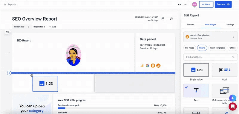 Whatagraph Report Builder - Report editing interface with widget selection options