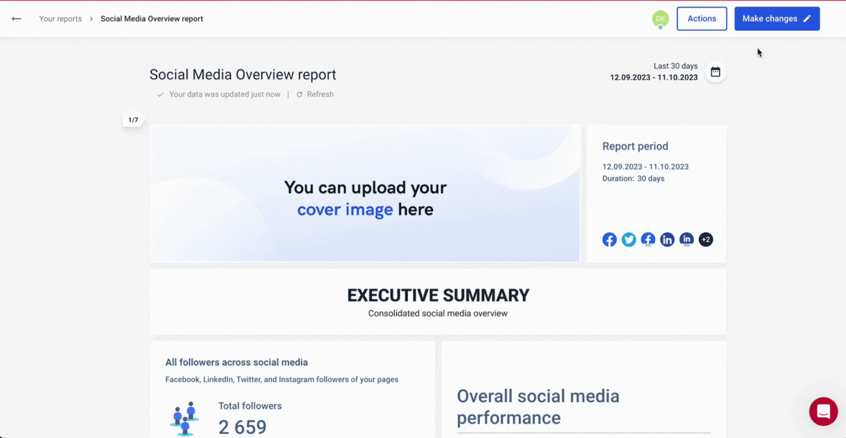 Whatagraph Report Builder - A social media overview report with options to make changes.