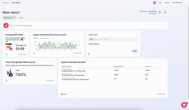 Whatagraph source filter - Dashboard view showing analytics data for a new report.