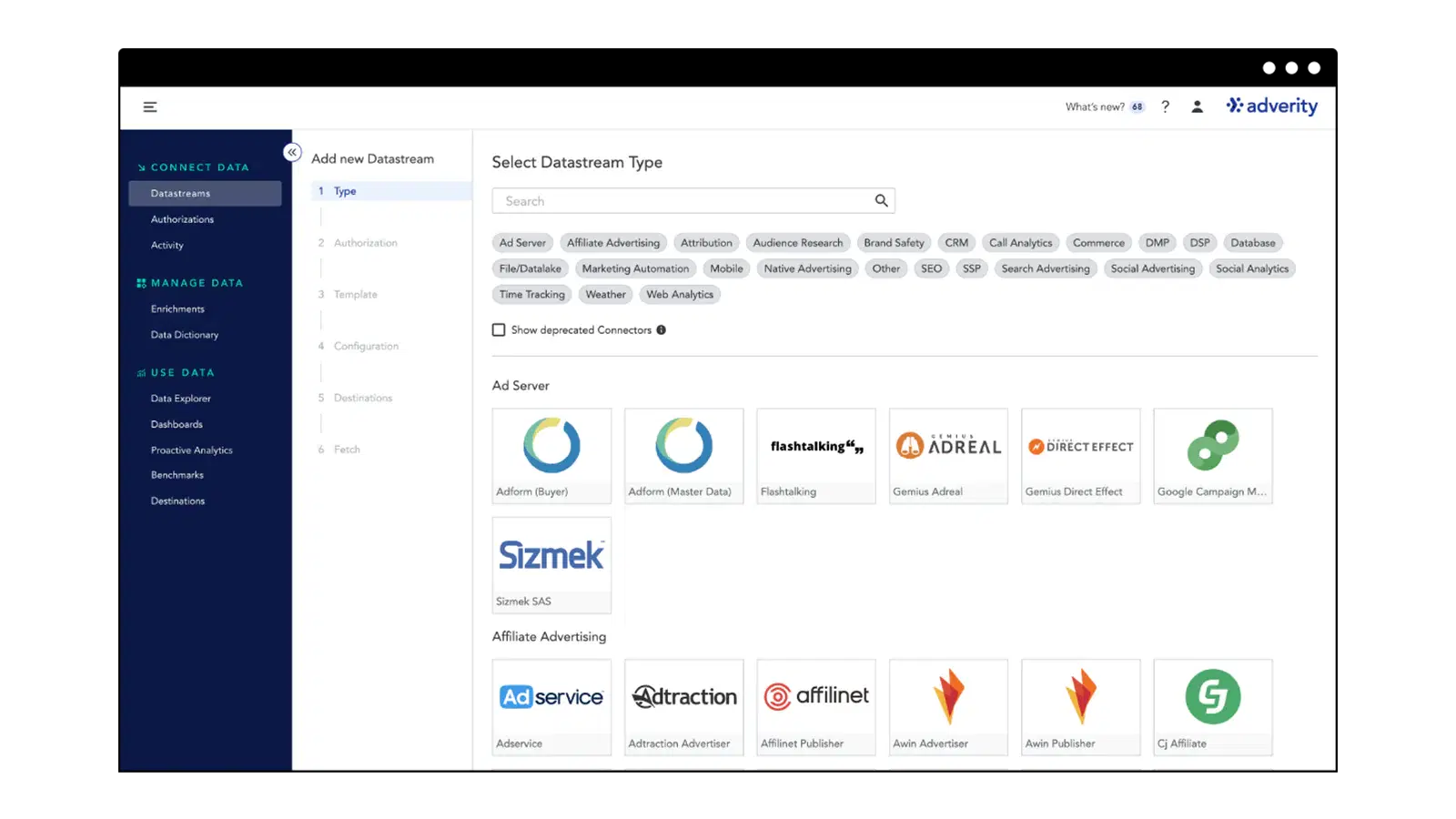 Adverity Dashboard - Data integration platform interface showing datastream options.
