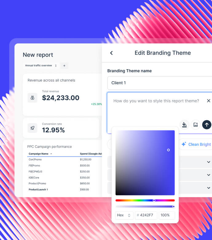 Dashboard from Whatagraph IQ showing total revenue and PPC campaign performance.