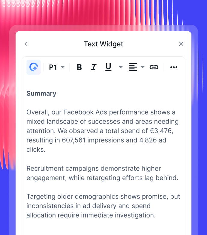 Explain Performance - A mobile widget displaying a summary of Facebook ad performance.