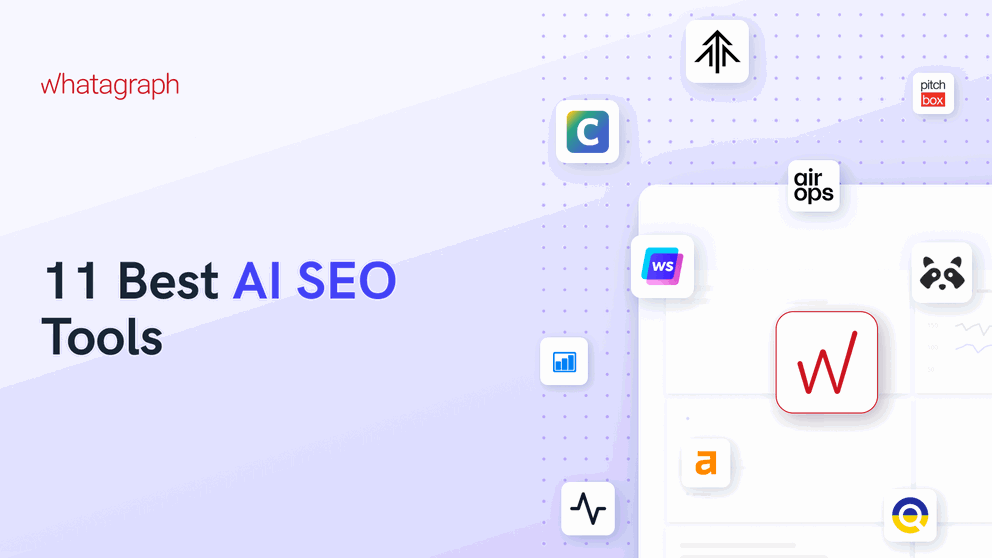11 Best AI SEO Tools - Marketing graphic with company logos on a dotted background.