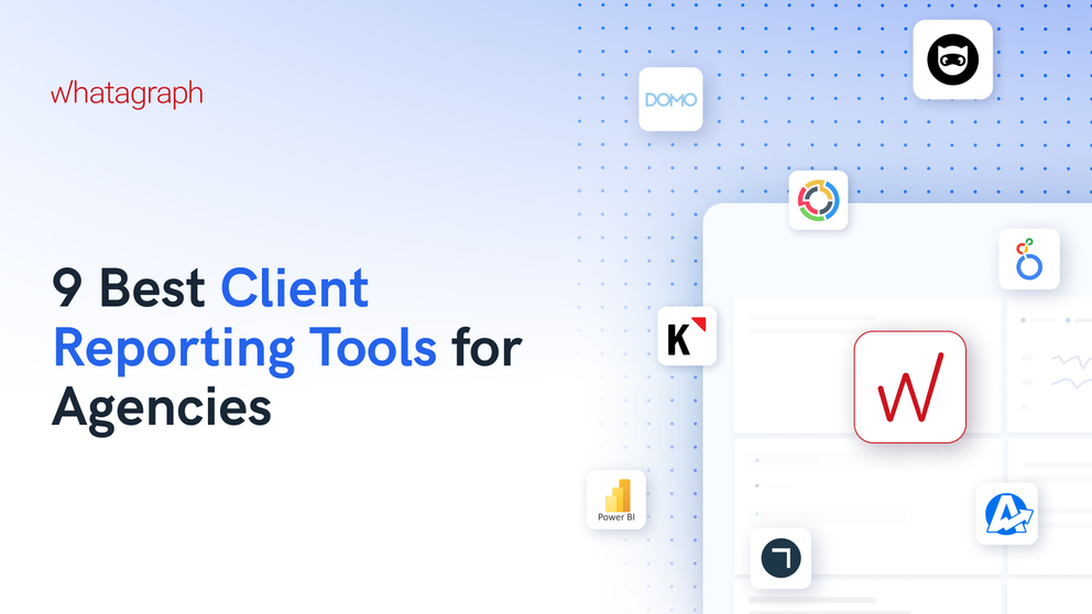 9 Best Client Reporting Tools For Agencies - A collage of tool icons on a blue-dotted gradient backdrop.