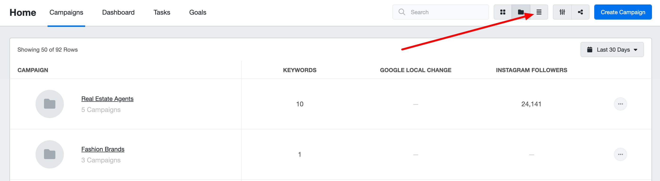 Data Aggregation - A campaigns dashboard with several view options.