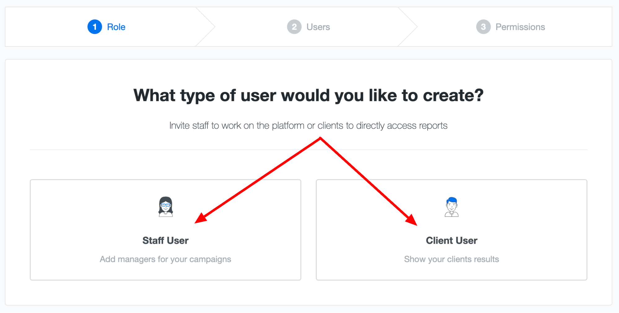 Role Based Access - User type selection screen with staff and client options.