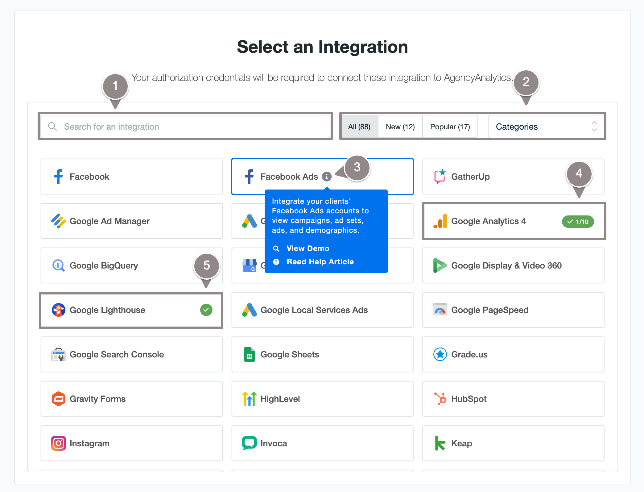 Account Level Integrations - A screen displays a list of third-party app integrations.