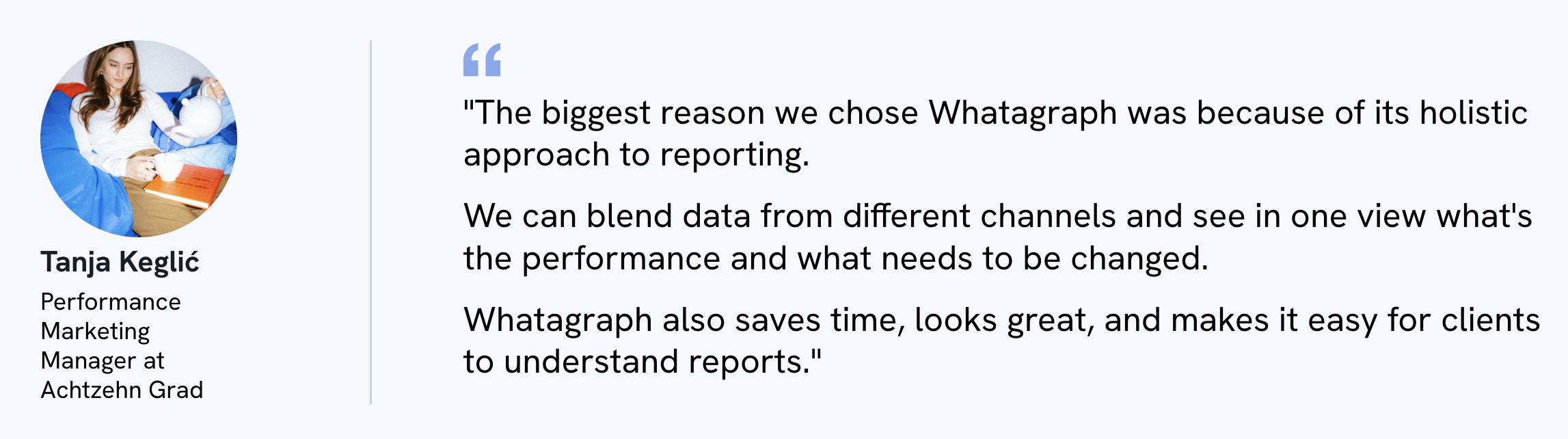 Achtzehn Grad Review - A woman sitting and a quote about the software.