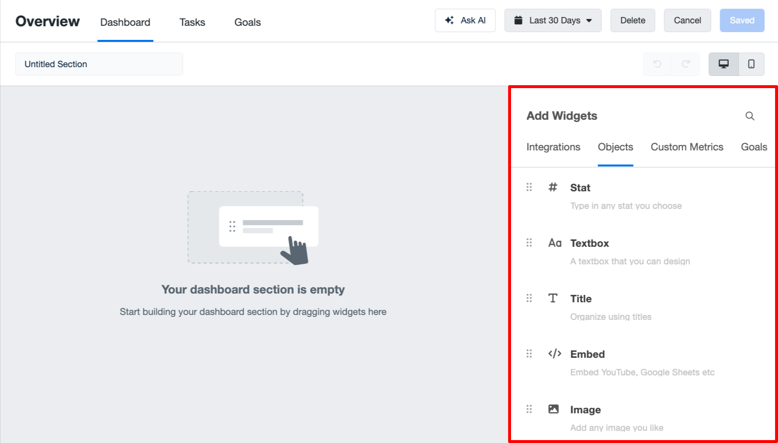 Agencyanalytics Add Widgets To Dashboard - A digital dashboard with a sidebar for adding widgets.