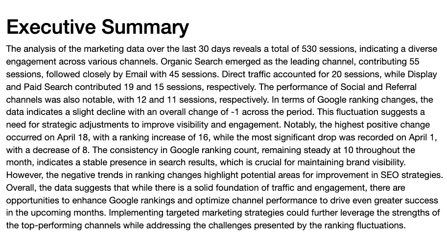 Agency Analytics AI Summary - An executive summary with session data from marketing channels.