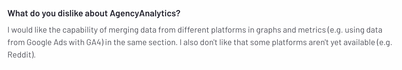 Agency Analytics Bad Reveiw - Text discussing dissatisfaction with a feature.