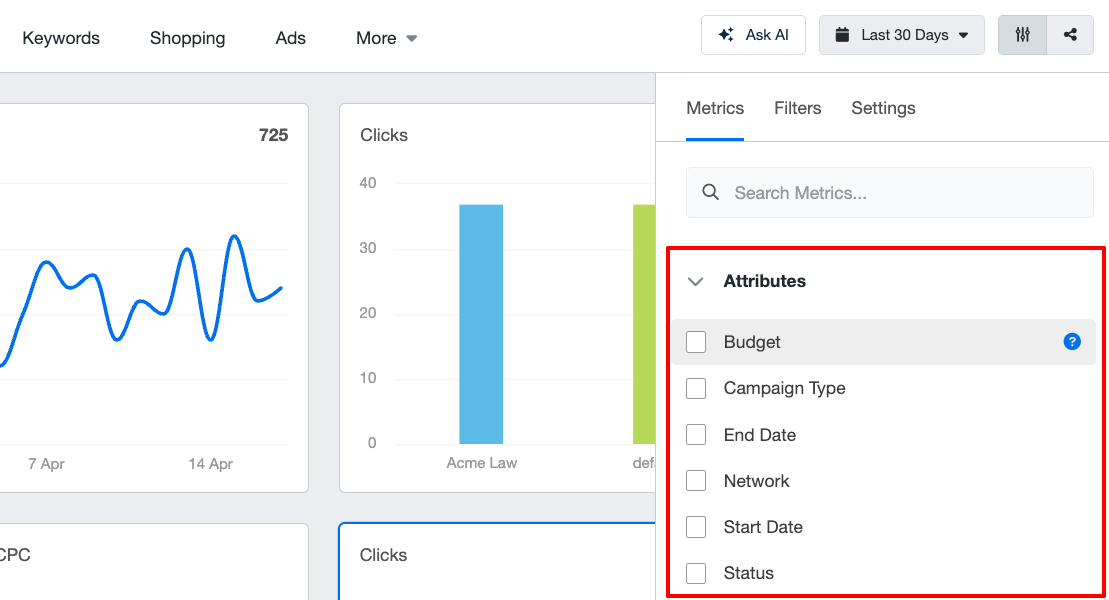 Agencyanalytics Budget Attributes - Interface of a popup with 