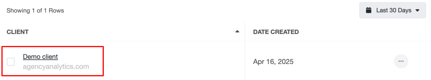 Agency Analytics Client Folder - A data table showing one client, 