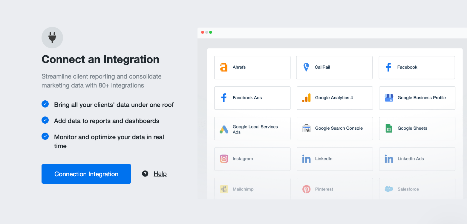 Agency Analytics Connect Integrations - Integrations selection screen with various app icons.