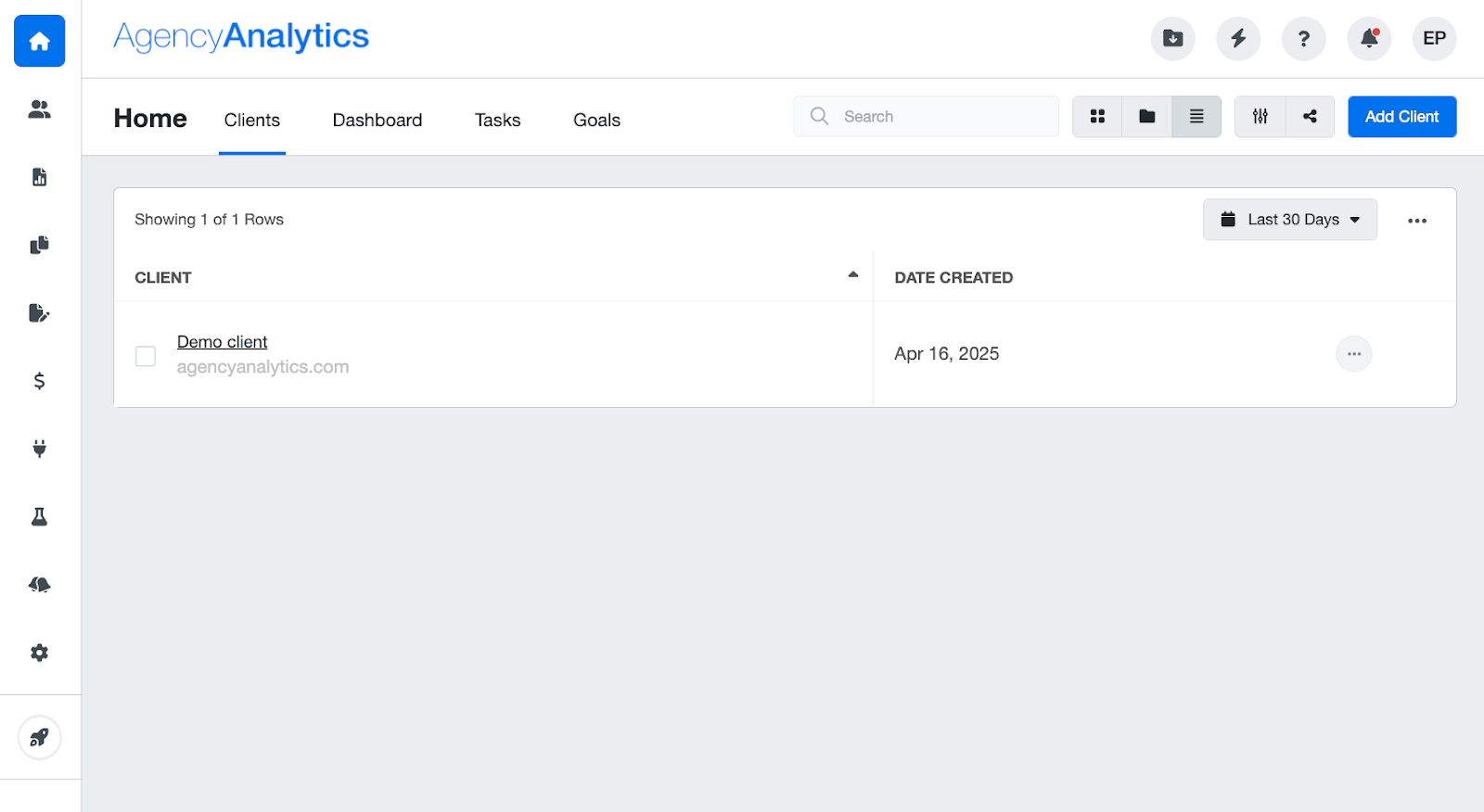 Agency Analytics Dashboard Overview - A dashboard interface showing a list of clients and their creation dates.