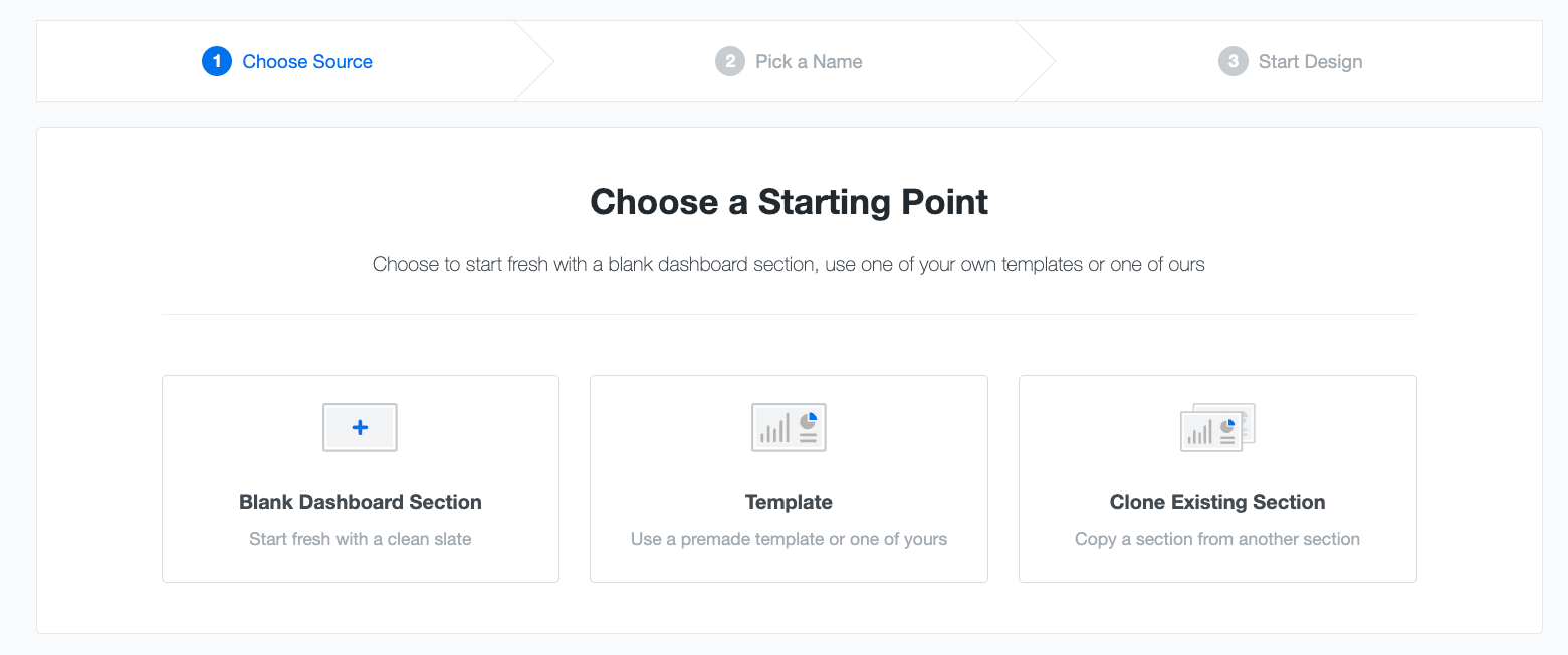AgencyAnalytics Dashboard Starting Point - Dashboard interface with options: blank, template, clone section.