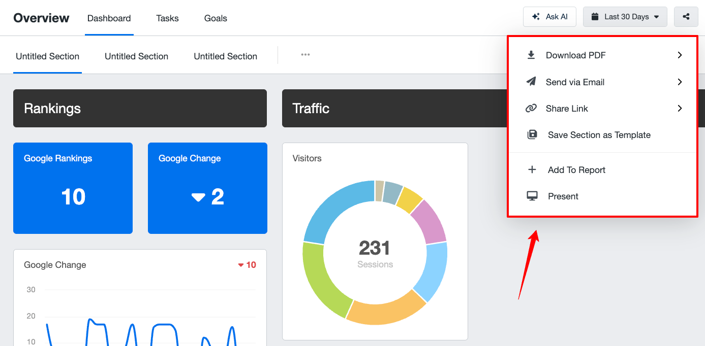 Agencyanalytics Download PDF - A dashboard interface with charts and menu.