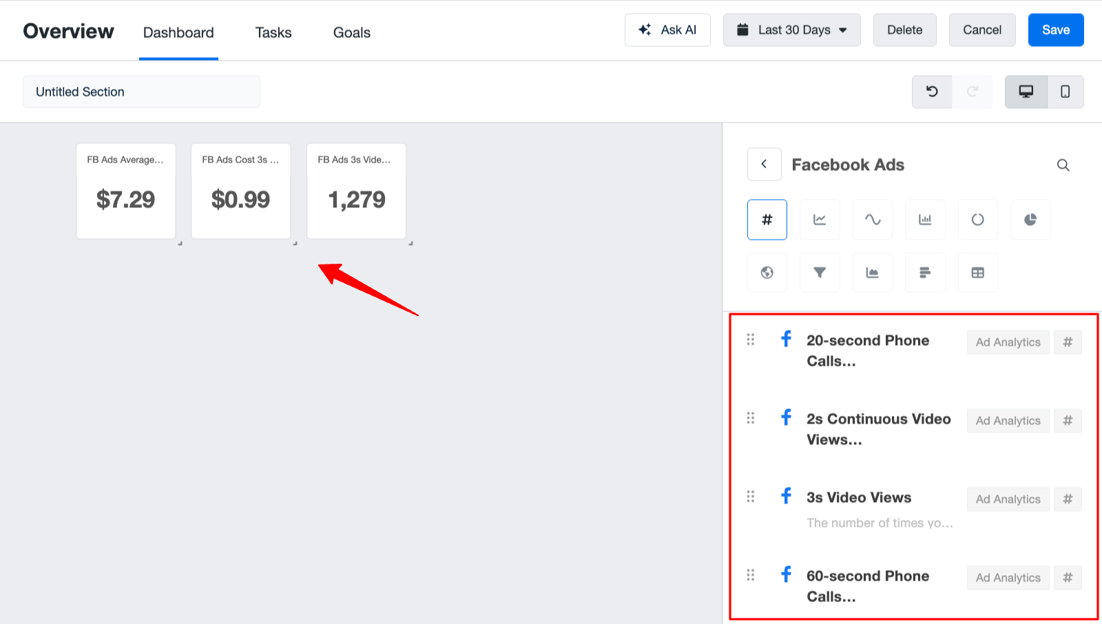 Agency Analytics Drag And Drop Widgetes - A dashboard showing Facebook Ad analytics interface.
