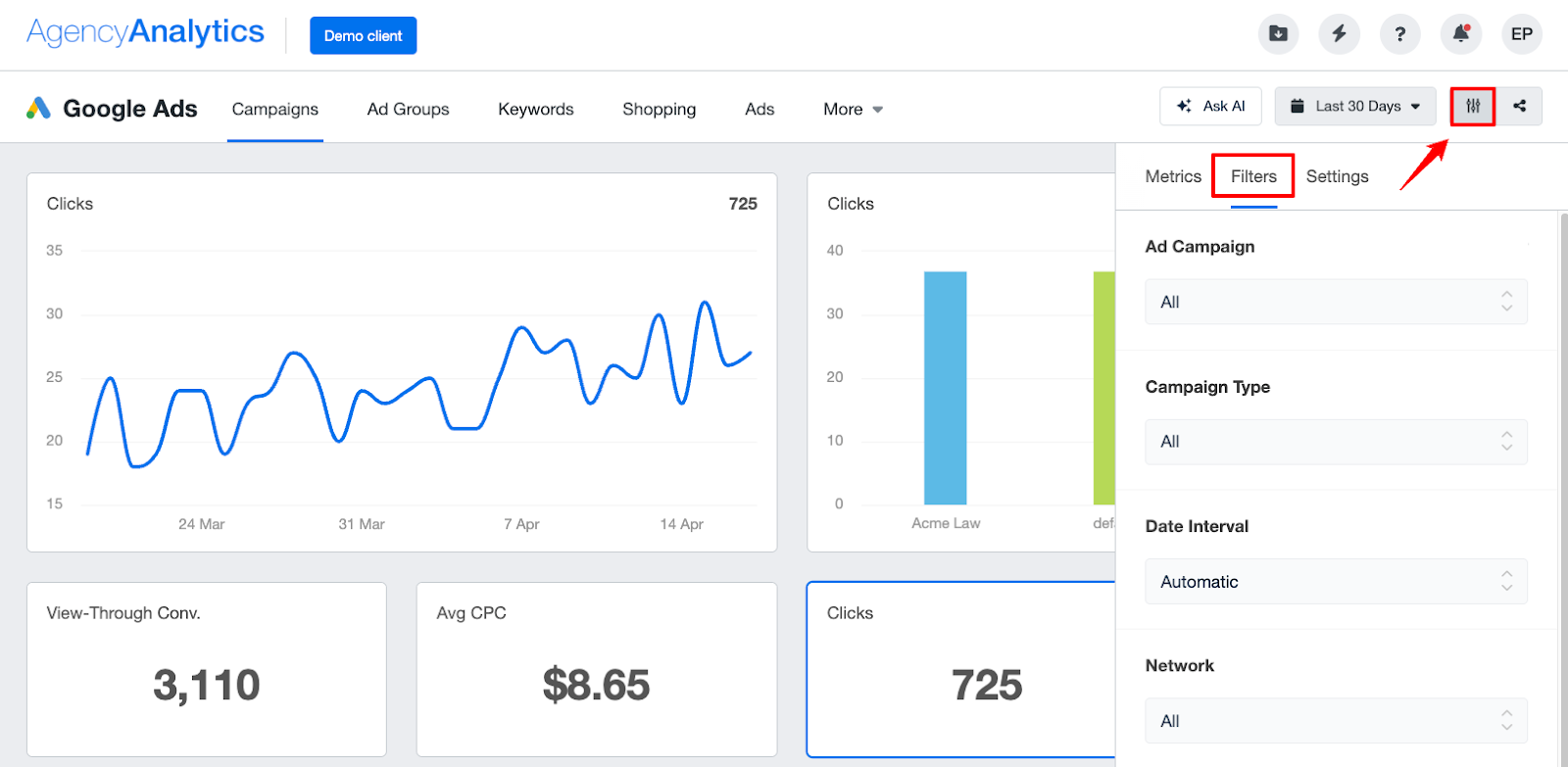 Agency Analytics Filters - Analytics dashboard with performance graphs and filter options.