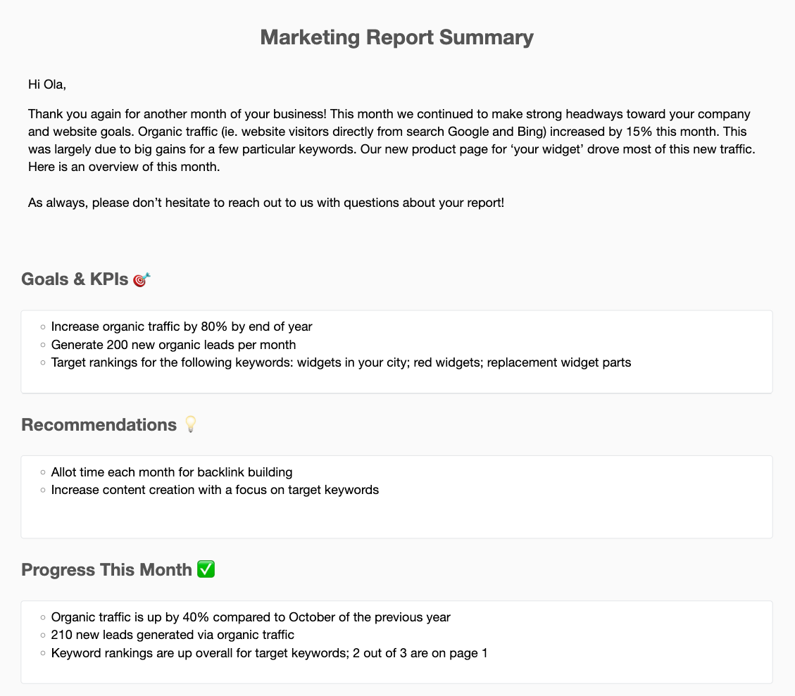 Agencyanalytics Marketing Report Summary - Marketing report showing goals, recommendations, and progress.