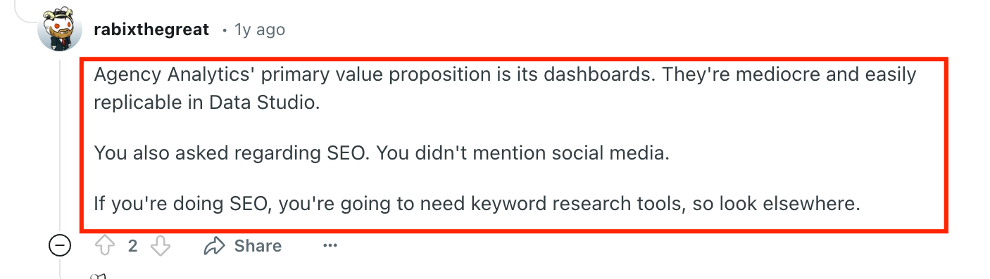 Agency Analytics Mediocre Dashboards - A screenshot of a comment thread.