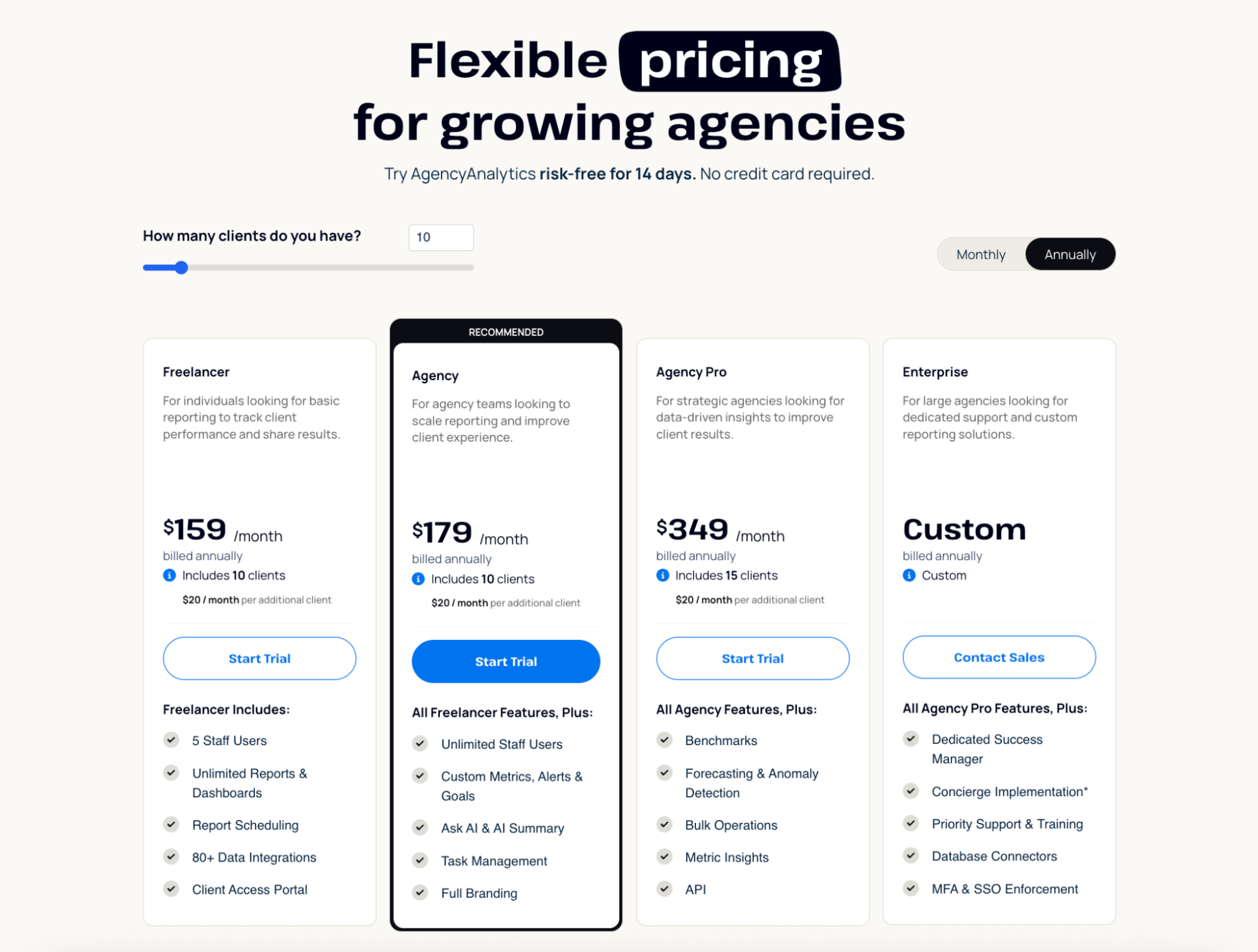 AgencyAnalytics Pricing - Pricing table for agency analytics platform with different plans.