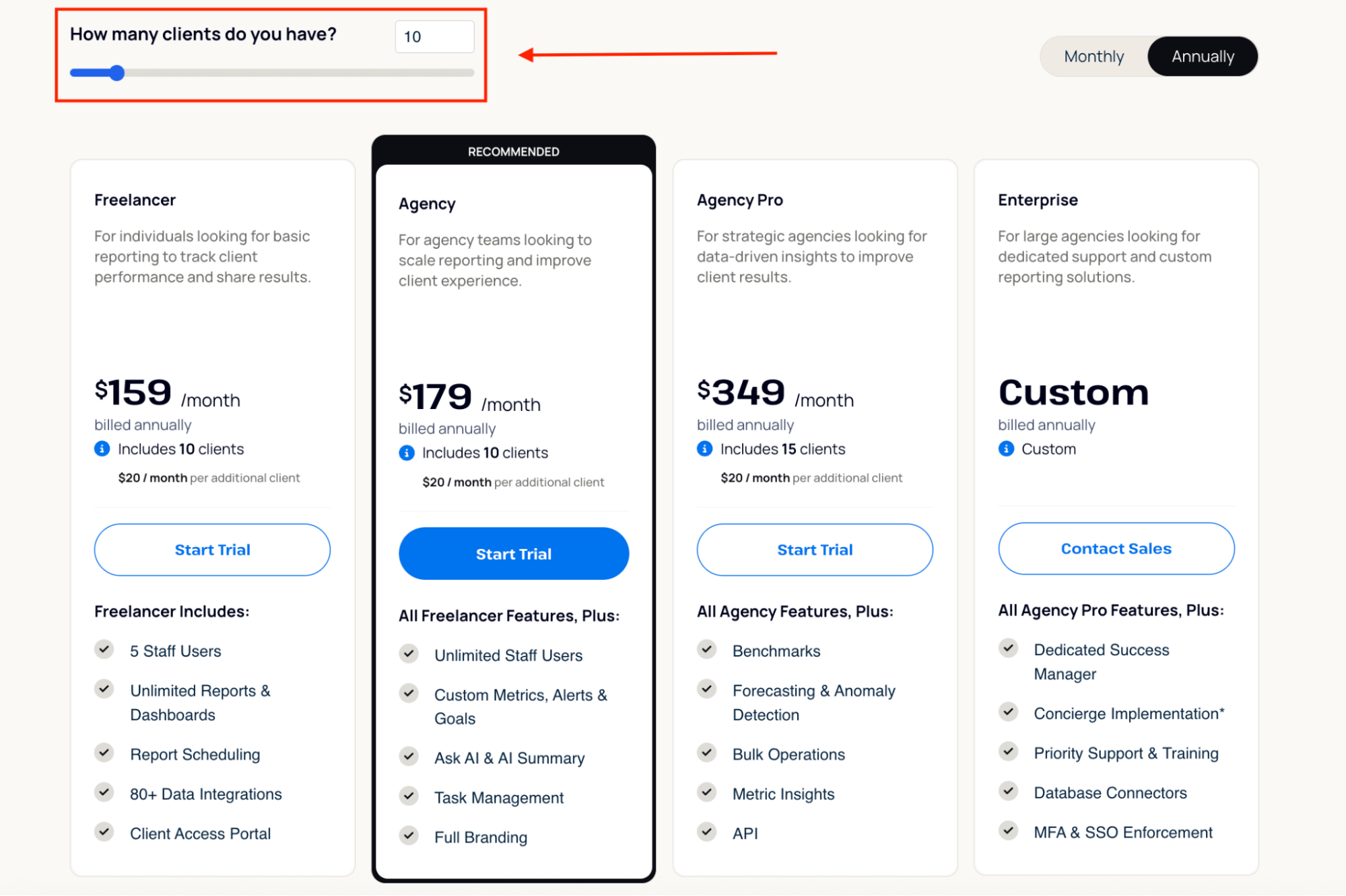 Agency Analytics Pricing - Pricing plans comparison with slider to adjust number of clients