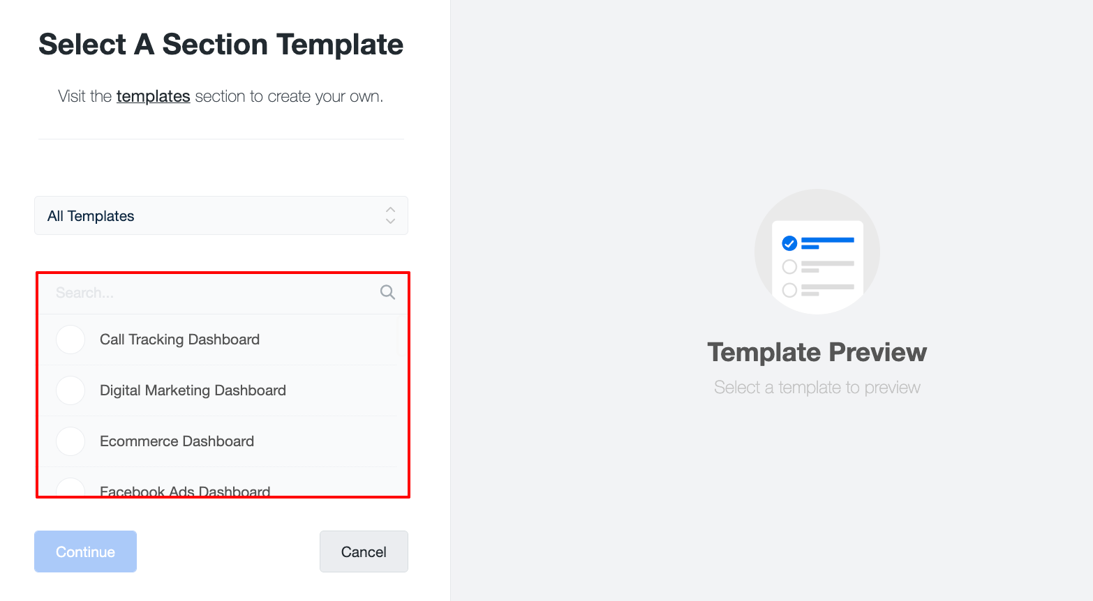 Agency Analytics Template - A menu of different dashboard templates for marketing.