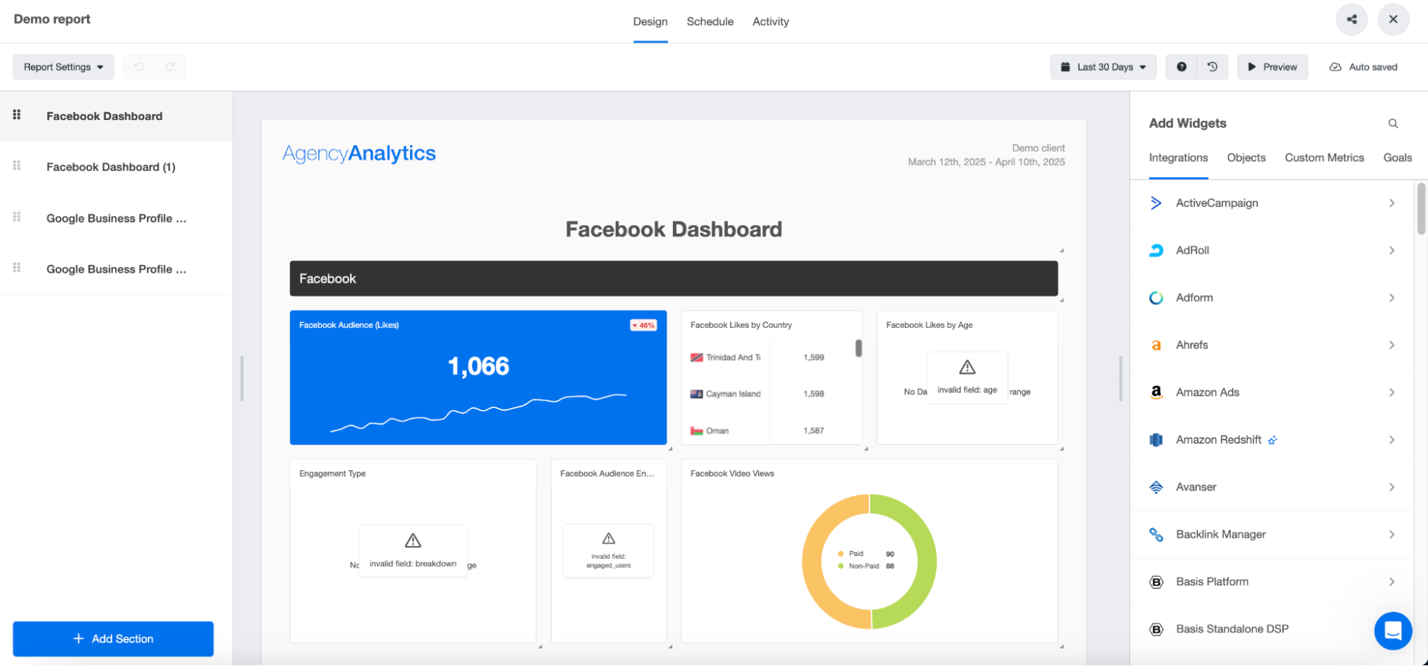 Agencyanalytics Dashboard - A dashboard interface showing Facebook analytics and widget options.