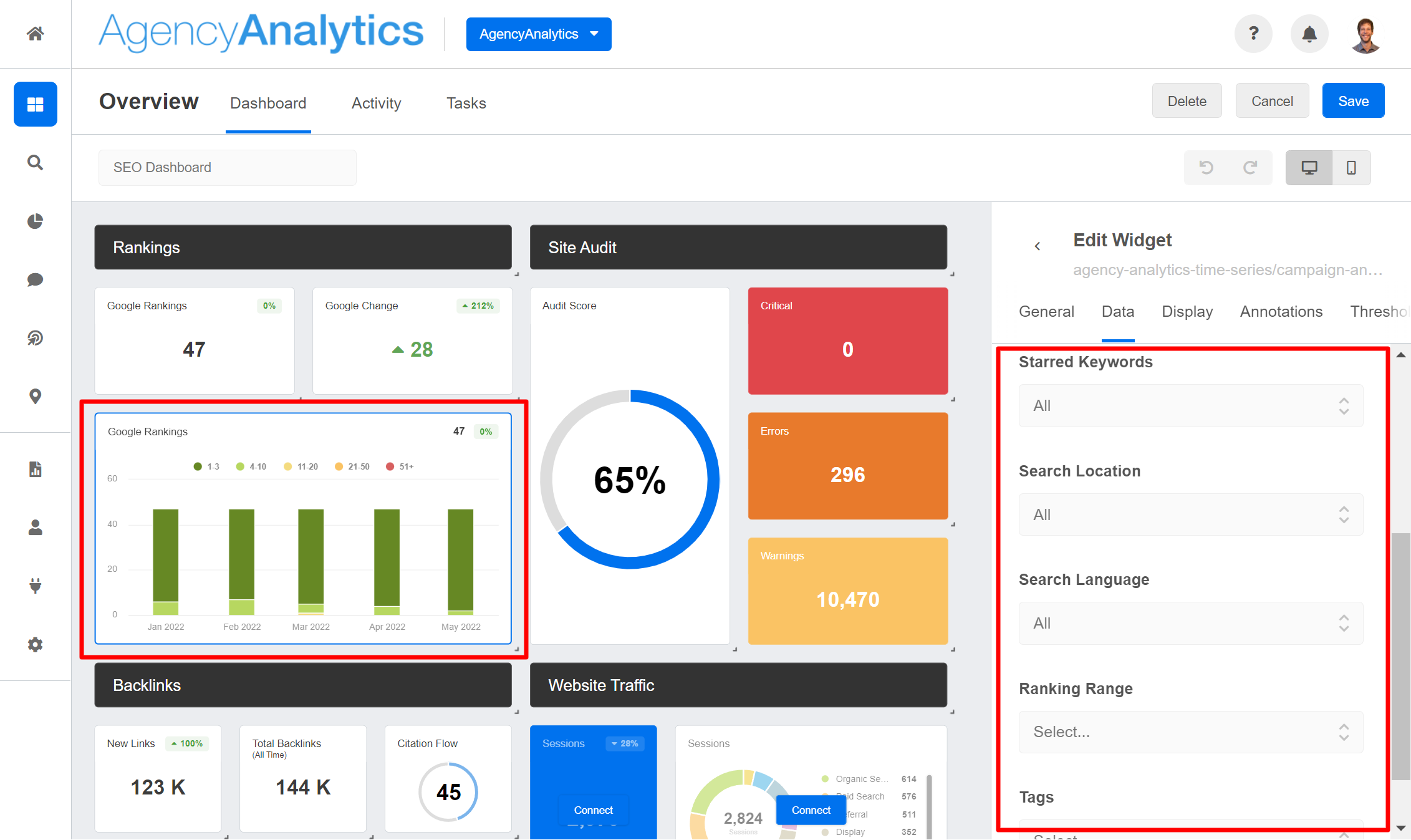 Agencyanalytics Filters - Dashboard view with charts, graphs, and editing options.