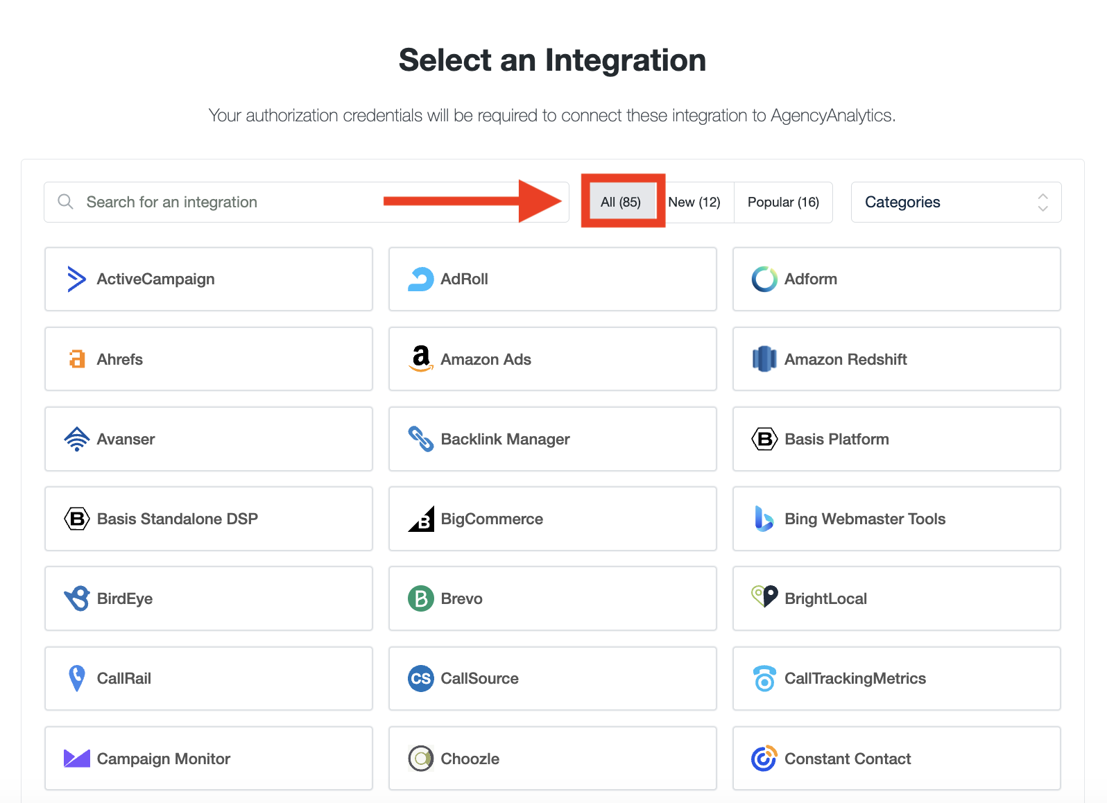 Agencyanalytics Integrations - List of integrations available with search bar and categories.