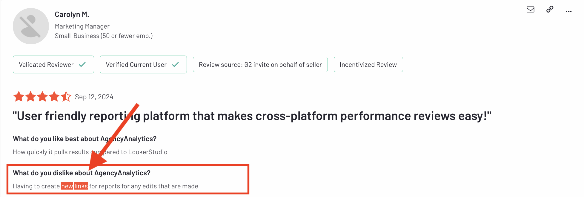 Agencyanalytics Review Drawback - A review highlighting the disadvantage of creating new links for reports.