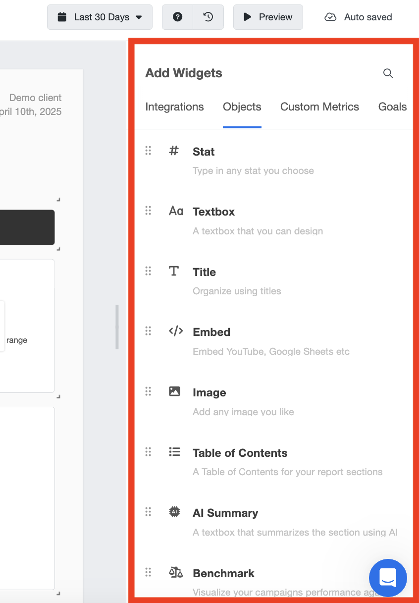 Agencyanalytics Widgets - Add Widgets panel with available widgets.