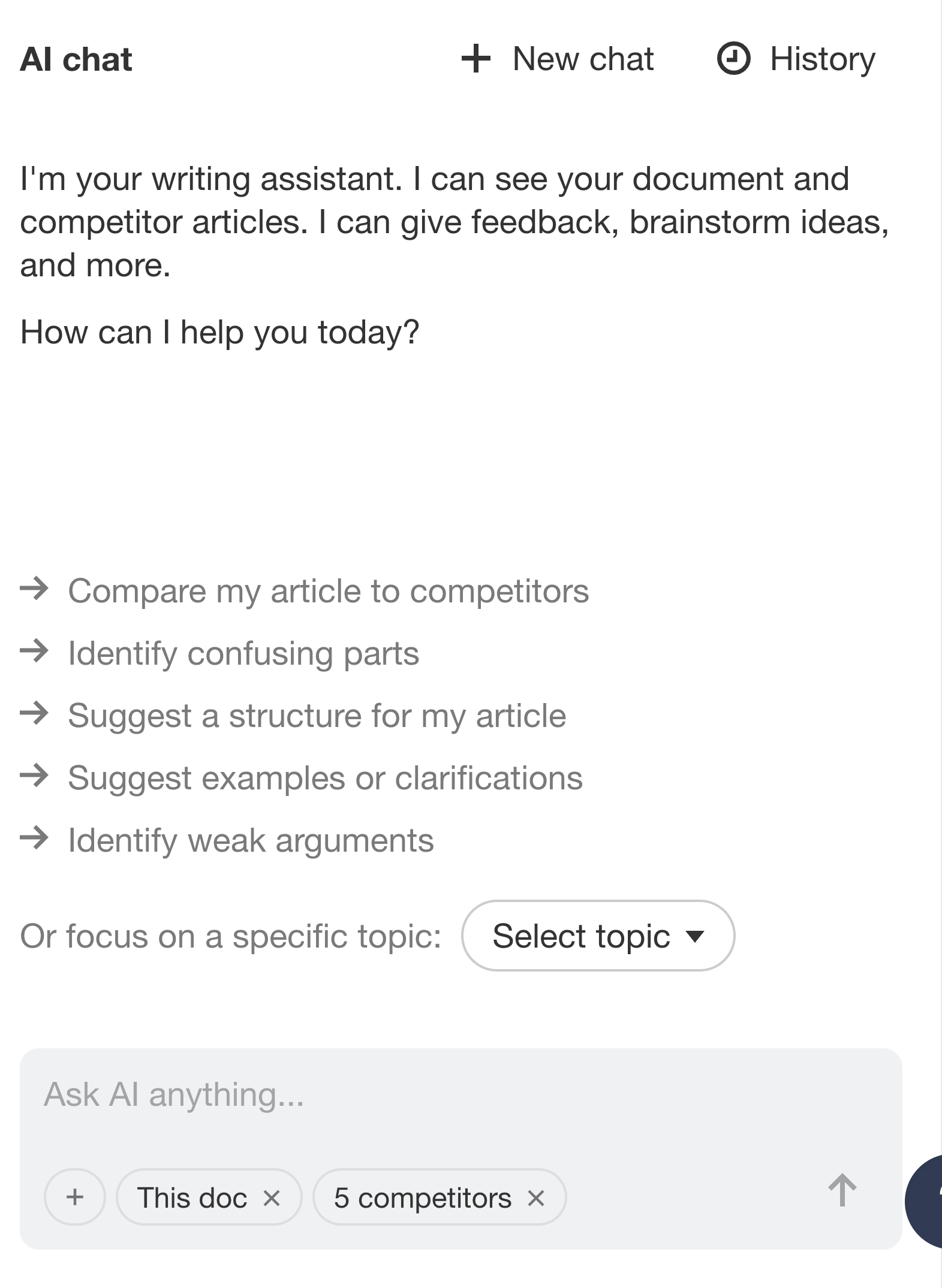 Ahrefs AI Chat - AI chatbot interface with suggested questions and text input field.
