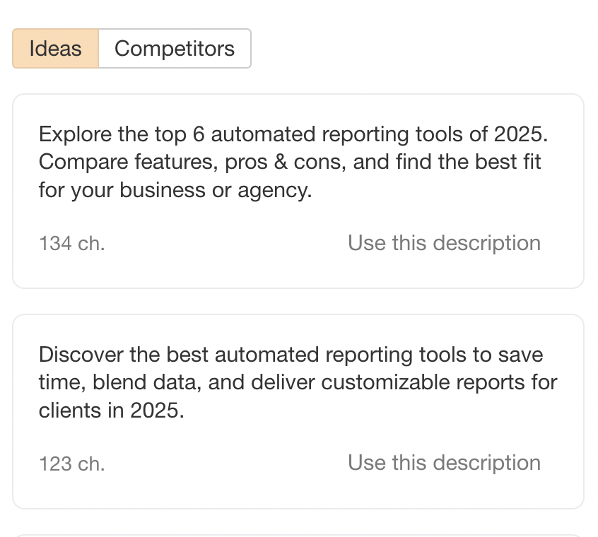 Ahrefs Meta Description Writer - A web form displays two suggested meta descriptions.