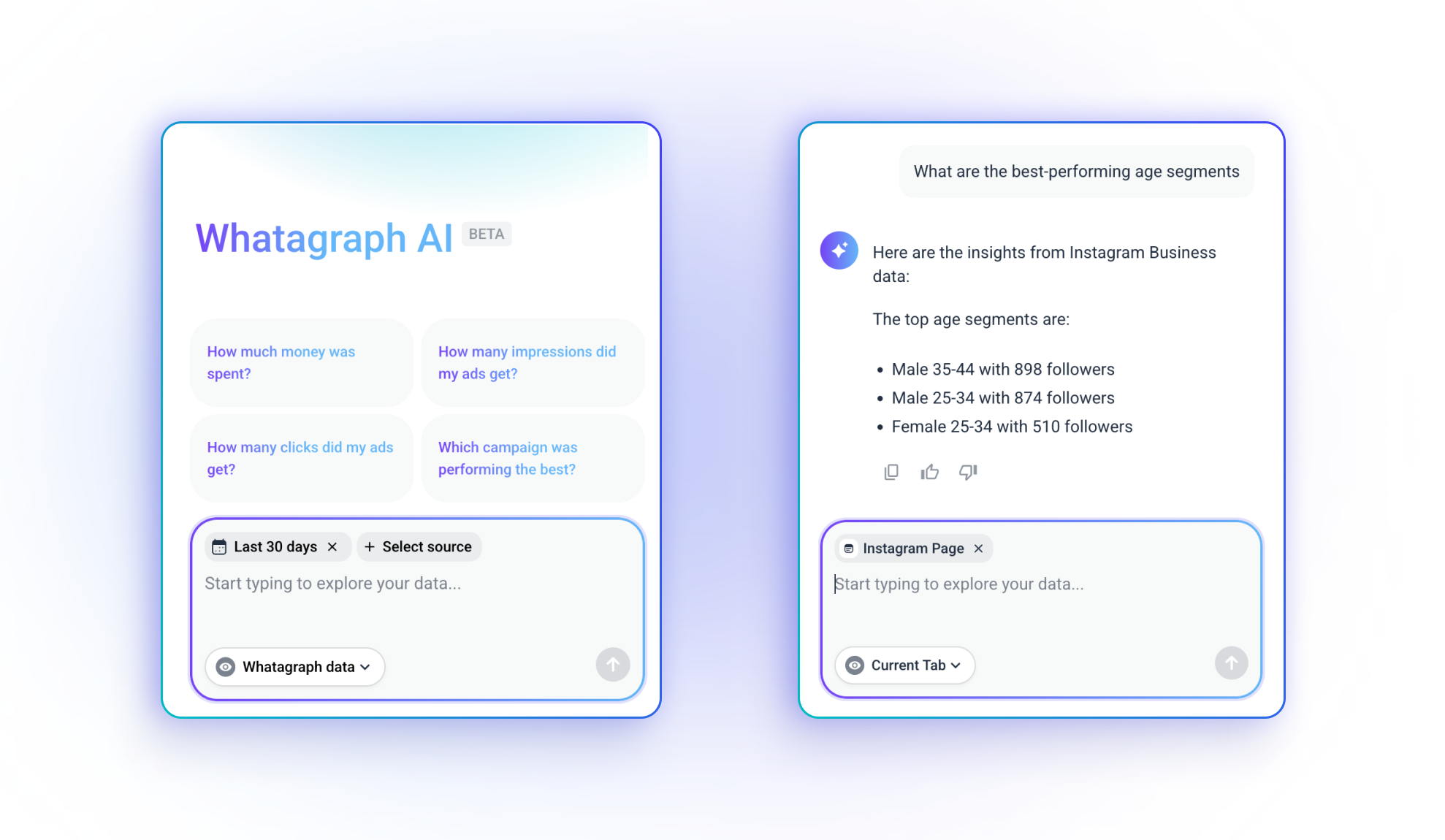 AI Chatbot - Side-by-side chatbot interfaces with data analysis and user input fields.