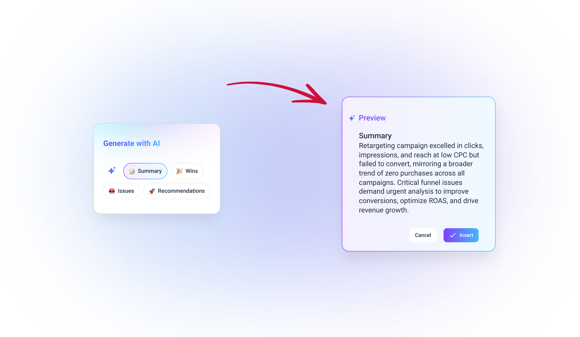 Marketing KPI dashboard  - Image shows AI-generated text summary options and a preview.