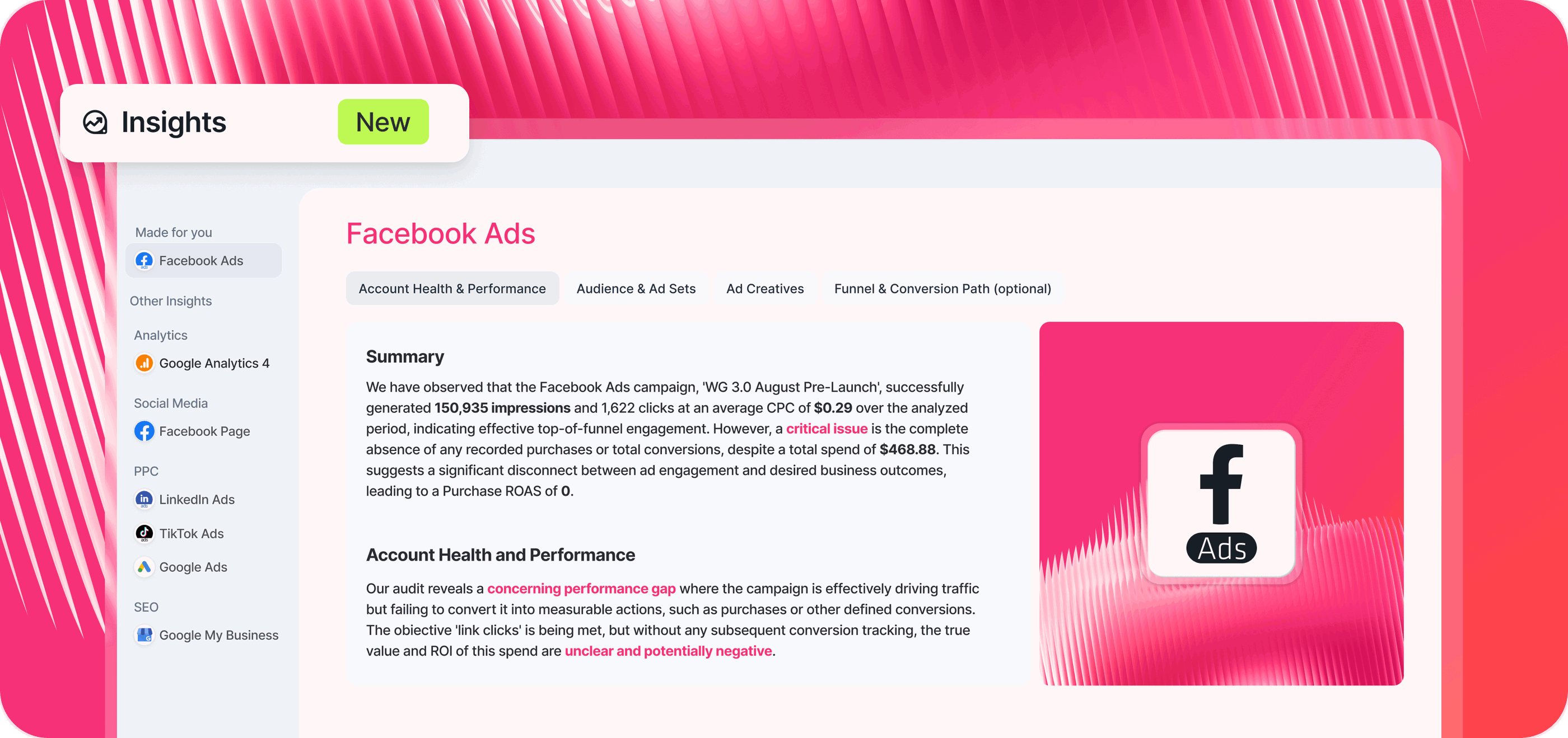 AI Insights - Analytics dashboard showing Facebook Ads performance and recommendations.