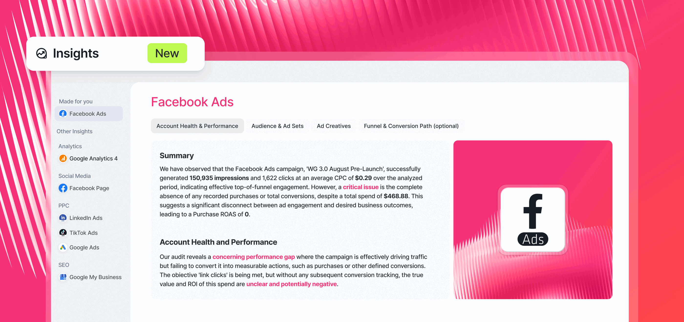 AI Insights - Dashboard interface with Facebook Ads insights, summary, and account performance.